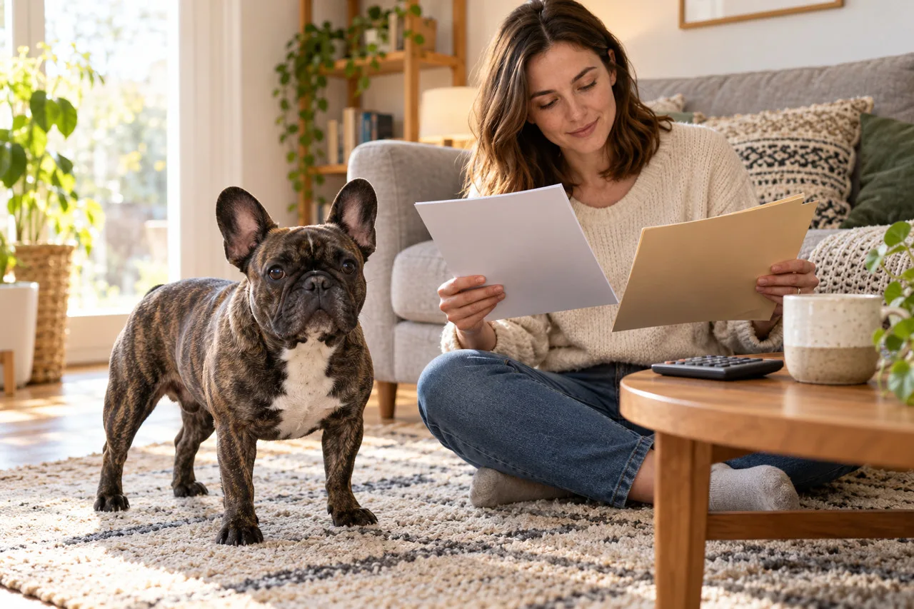 Owner comparing two sheets beside a small brindle dog in a living room